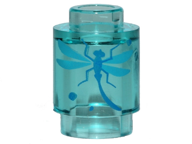 Trans-light blue LEGO round 1x1 brick with blue dragonfly pattern.