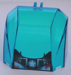 Trans-light blue LEGO 4x6x4 canopy windscreen with hinge, featuring a white star and vents pattern on the front.