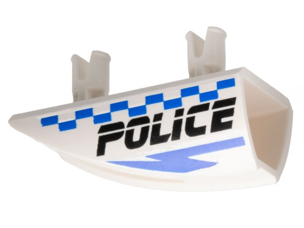 White LEGO vehicle fairing 1x4 with 2 pins, black POLICE text, blue lightning bolt, and checkered pattern on left side.
