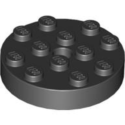Black LEGO 4x4 round turntable top with 12 studs and a central hole.