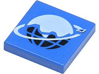 Blue LEGO 2x2 tile with the Ice Planet 2002 logo: a light blue globe with a white ring orbiting it, over a black grid pattern.