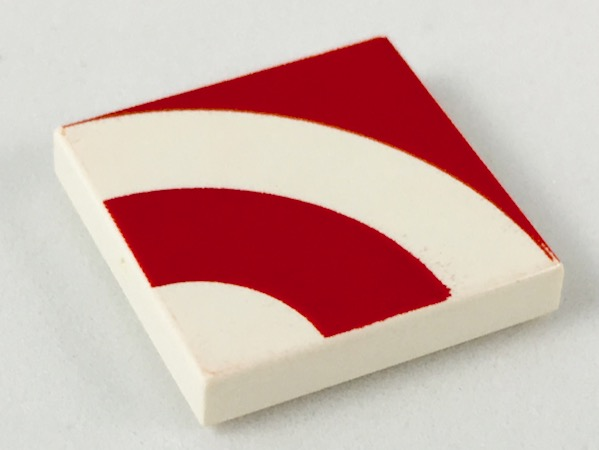 LEGO 3068p67 white 2x2 tile with a red quarter rings pattern, featuring two concentric red arcs.