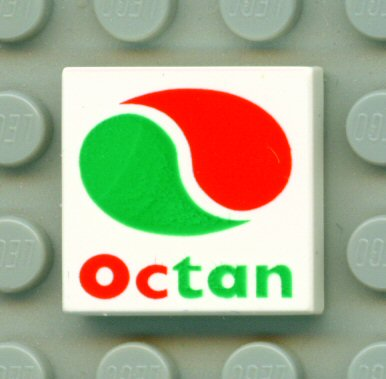 White LEGO 2x2 tile featuring the Octan logo: a red and green swirling design above the word 'Octan', on a grey baseplate.