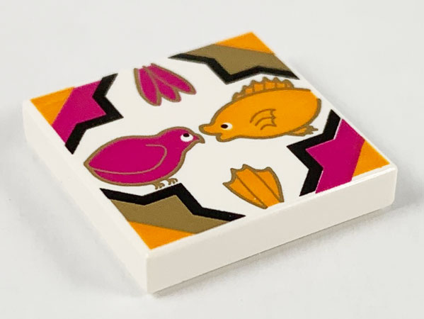 LEGO 3068pb0056 - Tile 2 x 2 with Bird, Fish, Flowers in Quatrefoil Magenta/Gold/Medium Orange Pattern