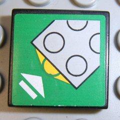 LEGO 2x2 green tile with touch sensor sticker showing an angled grey plate, yellow underside, and a white arrow icon.