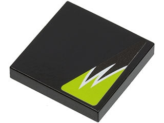 Black LEGO 2x2 tile featuring a lime green and white stylized flame or 'W' pattern on the lower right.