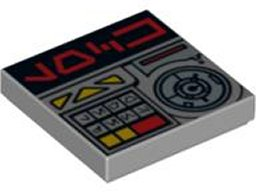 LEGO 3068pb0378 2x2 light gray tile with red Aurebesh 'LOCK' characters, key controls, buttons, and a circular dial pattern.