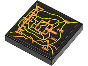 LEGO 3068pb0423 black 2x2 tile with orange and lime elevation display pattern, contour lines and numbers.