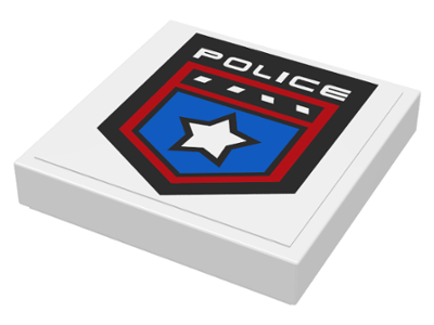 White LEGO 2x2 tile with a blue and red police badge pattern, featuring a white star and 'POLICE' text.