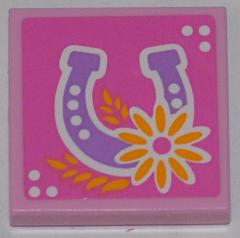Pink LEGO 2x2 tile with a purple horseshoe, an orange flower, and yellow wheat stalks pattern.