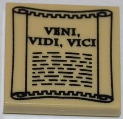 Tan LEGO 2x2 tile with black scroll pattern featuring 'VENI, VIDI, VICI' and lines of text.