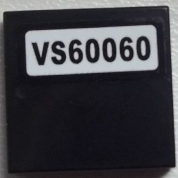 Black LEGO 2x2 tile with a white sticker featuring 'VS60060' printed in black text.