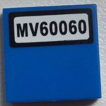 Blue LEGO 2x2 tile with a white sticker displaying 'MV60060' in black text.