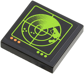A black LEGO 2x2 tile featuring a lime green radar screen pattern with sweep, targets, and shapes, plus three orange and three lime green buttons below.