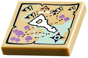 Tan LEGO 2x2 tile with a detailed map pattern. Features mountains, river, purple trees, a castle, and a prominent white elven key.