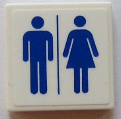 White LEGO 2x2 tile with blue man and woman silhouettes separated by a line, indicating a unisex restroom.
