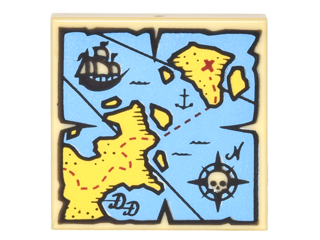 LEGO 2x2 tile with map pattern: blue water, yellow land, black pirate ship, compass rose with white skeleton head, and red 'X'.