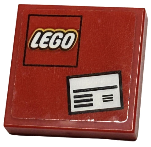 Red LEGO 2x2 tile featuring a white LEGO logo inside a black square and a white packing label pattern.