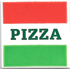 LEGO 2x2 tile with red and green stripes and dark green 'PIZZA' text, resembling a pizza box.