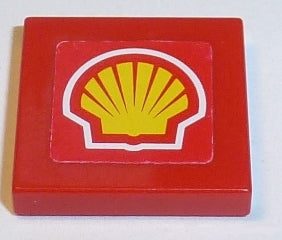 Red LEGO 2x2 tile with a white-outlined yellow Shell logo sticker on a red background.
