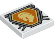 White LEGO 2x2 tile featuring a bright light yellow horse head on an orange hexagonal shield with a silver border.