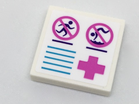 LEGO 2x2 white tile with sticker: 'No Running' and 'No Diving' signs, medium azure lines, and a dark pink cross symbol.