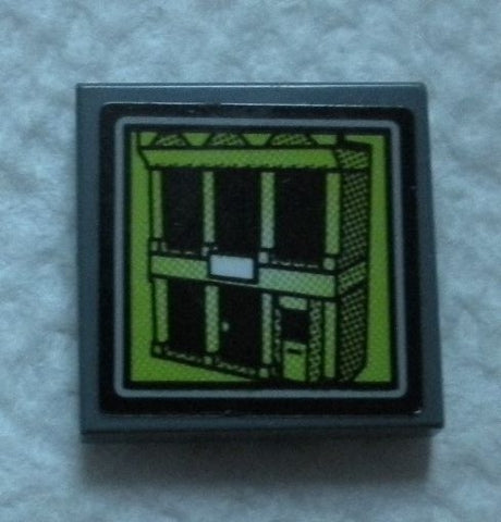 LEGO 2x2 tile with lime screen showing a jail cell building pattern from set 60139.