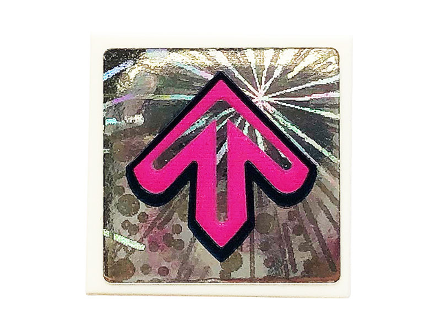 LEGO 2x2 tile with holographic sticker featuring a dark pink, black-outlined arrow pointing up on a radiating background.