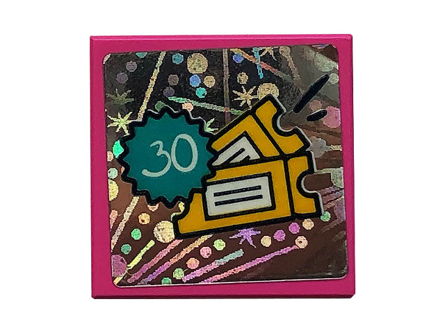 LEGO 2x2 tile featuring yellow tickets, a green number 30, and holographic party decorations on a pink border.