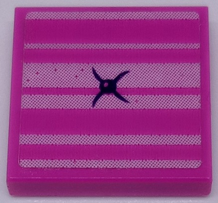 LEGO 2x2 dark pink tile with bright pink striped pattern and a central dark cushion button symbol.