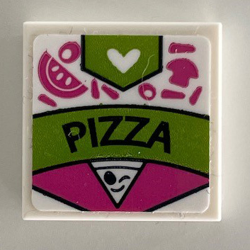 LEGO 2x2 tile with 'PIZZA' sticker featuring a white heart, various pink toppings, and a winking pizza slice on a lime and dark pink box pattern.