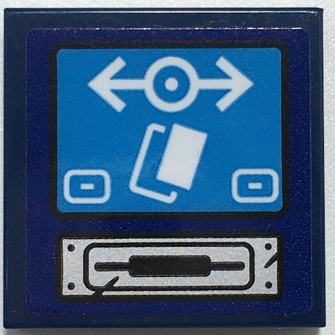 Dark blue LEGO 2x2 tile with dark azure screen sticker. Features white arrows, circle, two cards, two minus buttons, and a silver ticket slot.