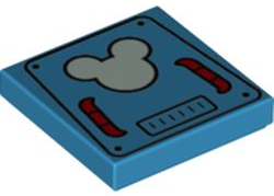 LEGO 3068pb1717 bright light blue 2x2 tile with grey Mickey Mouse logo on a hatch pattern and red handles.