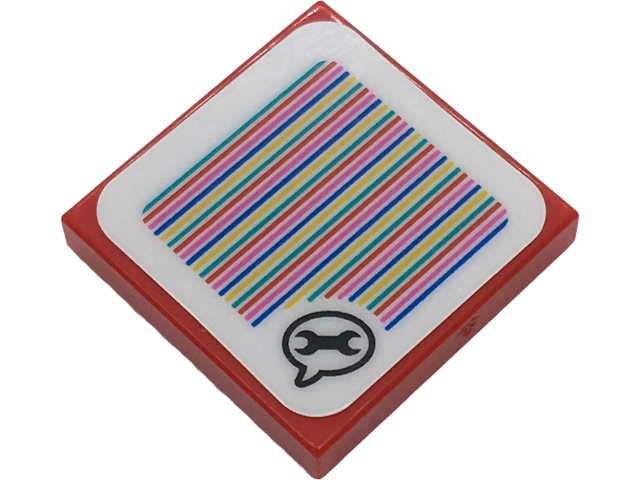 Red LEGO 2x2 tile with colorful diagonal stripes and a speech bubble containing a wrench icon.