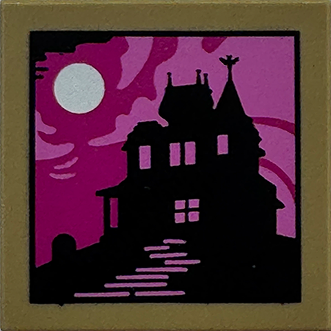 LEGO 3068pb2635 - Tile 2 x 2 with Picture of Black Haunted Mansion Silhouette and White Moon on Magenta and Dark Pink Background Pattern