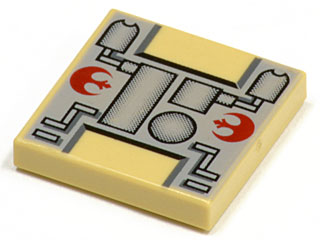 A tan LEGO 2x2 tile with a light gray print featuring a Star Wars Rebel Alliance mechanical panel design and two red Rebel symbols.