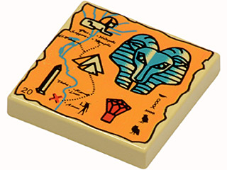 LEGO 3068px21 tan 2x2 tile with an orange map print featuring an Egyptian pharaoh head, pyramids, obelisk, and hieroglyphs.