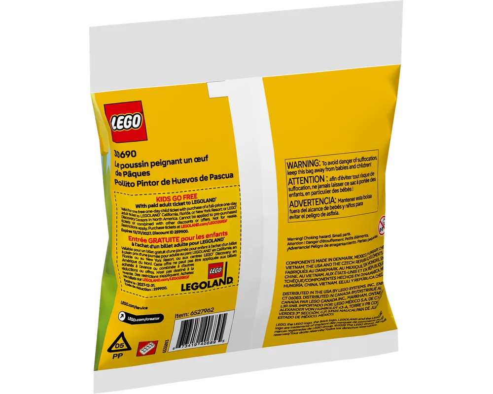 Yellow LEGO 30690 Easter Egg Chick Painting Fun polybag with text in multiple languages, a barcode, and recycling symbols.