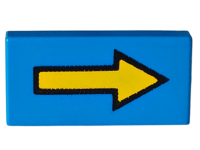 LEGO 3069p06 blue 1x2 tile with a yellow arrow pointing right, outlined in black.