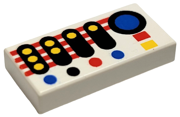 LEGO 3069p30 - Tegel 1 x 2 met Bedieningspaneel met Zwarte, Blauwe, Rode en Gele Knoppen en Strepenpatroon