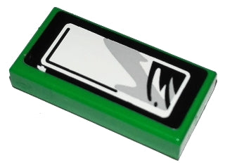 Green LEGO 1x2 tile (part 3069pb0060L) with a white and black sticker showing a mirror side-view pattern.