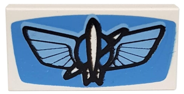 White LEGO 1x2 tile with blue background featuring a black-outlined Planet with Wings and Rocket Pattern logo, light blue details.