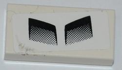 White LEGO 1x2 tile with a sticker featuring two black air intake patterns with a halftone dot effect.