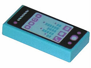 Light blue LEGO 1x2 tile with a smartphone screen print showing various app icons and a sound level.