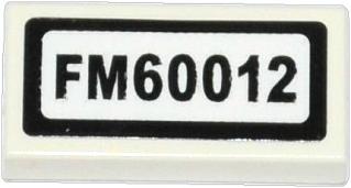 White LEGO 1x2 tile with a black-bordered 'FM60012' pattern sticker on a white background.