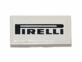 White LEGO 1x2 tile with a rectangular white sticker featuring the black 'PIRELLI' logo.