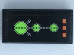 Black LEGO 1x2 tile with a sticker depicting a lime green circuit pattern with three circles and three orange lights.
