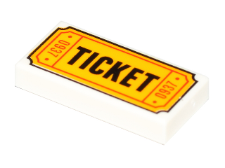 White LEGO 1x2 tile featuring a yellow 'TICKET' pattern with red borders and '0937' numbers.