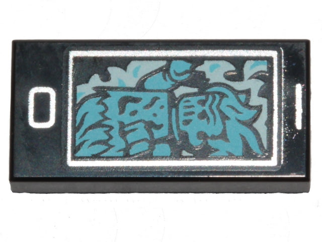 Black LEGO 1x2 tile with cell phone print, displaying a medium azure ghost creature pattern on the screen, and '0' and '1'.