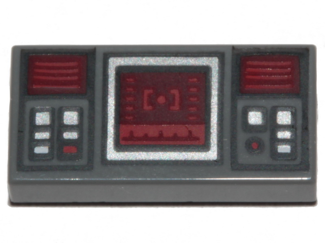 LEGO 3069pb0777 dark gray 1x2 tile with SW dark red target screen, dark red and silver buttons pattern.
